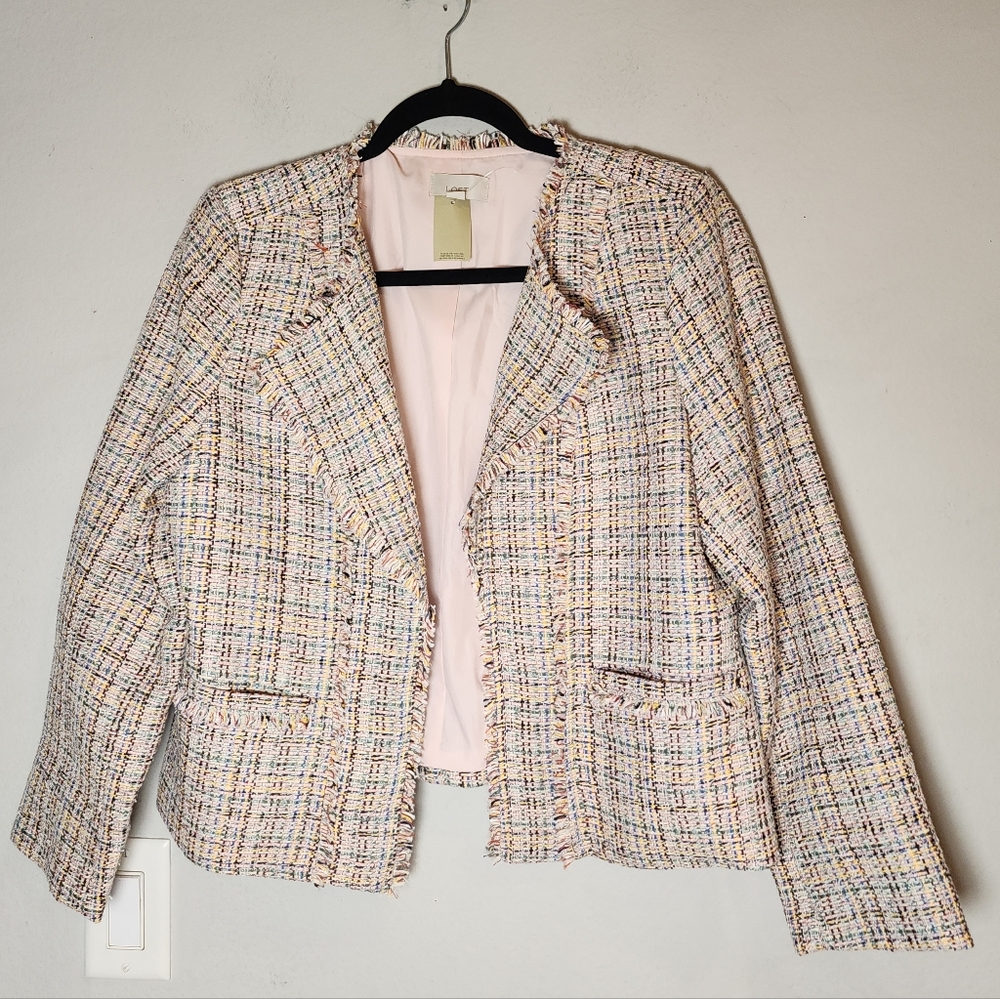 NWT Ann Taylor Loft Open‎ Front Blazer Pink Multicolored Metallic Threading 10P